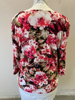 JM COLLECTION, Pink, White, Red Burgundy, Black, Khaki Brown, Polyester, Spandex, Floral, Watercolor Floral, Crew Neck, 3/4 Sleeve, Pullover,