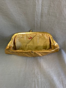Womens, Purse, N/L, Gold, Leather, Silk, Solid, Gold Foiled Mylar Coated Leather Clutch, Gathered Top  Foil Covered with Metal Hinged Clasp, Dull Gold Silk Lining , 3 Small Tears See Photos
