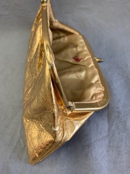 Womens, Purse, N/L, Gold, Leather, Silk, Solid, Gold Foiled Mylar Coated Leather Clutch, Gathered Top  Foil Covered with Metal Hinged Clasp, Dull Gold Silk Lining , 3 Small Tears See Photos