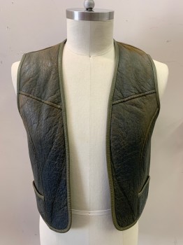 Unisex, Sci-Fi/Fantasy Vest, 1534, Dk Olive Grn, Leather, Sherpa, Faded, C42, Open Front, 2 Pockets, Faded/Aged Shoulders, Olive Bias Trim