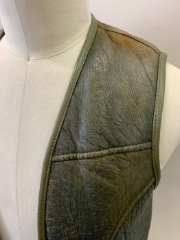 Unisex, Sci-Fi/Fantasy Vest, 1534, Dk Olive Grn, Leather, Sherpa, Faded, C42, Open Front, 2 Pockets, Faded/Aged Shoulders, Olive Bias Trim
