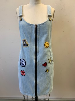 BOOHOO, Baby Blue, Multi-color, Cotton, Novelty Pattern, Overall Dress, Corduroy Texture, Random Patches, Zip Front, Side Pockets, Hem Above Knee
