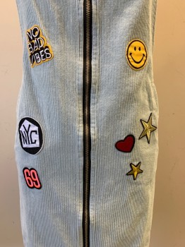 BOOHOO, Baby Blue, Multi-color, Cotton, Novelty Pattern, Overall Dress, Corduroy Texture, Random Patches, Zip Front, Side Pockets, Hem Above Knee