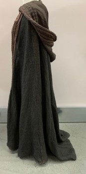 Unisex, Historical Fiction Cape, MTO, Tobacco Brown, Brown, Burlap, Cotton, Solid, Color Blocking, Aged, Voluminous Hood. Trim Of Mixed Brown Fabrics, Raw Hem In Front, Finished In Back, Thinning Spot At CB Neck Edge, Leather Appliques At Front Neck For Ties, Small Hole Left Back Hem