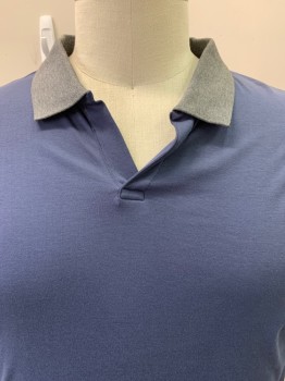 SAKS FIFTH AVE, Navy Blue, Charcoal Gray, Cotton, Solid, S/S, Collar Attached