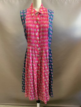 DVF, Navy Blue, Green, Hot Pink, White, Rayon, Polyester, Floral, Color Blocking, C.A., Button Front, S/S, Vertical Pleats On Front, Gathered At Waist, Hem Below Knee