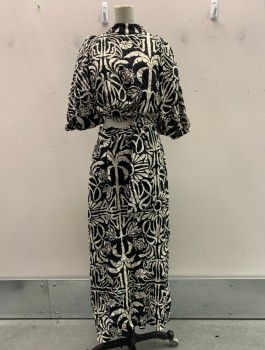 JOHNANNE ORTIZ, Black, Ivory White, Silk, Floral, Right Waist Open to Back, Invisible Zipper, Keyhole CB , Sleeve Drape, Tie at Waist