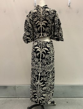 JOHNANNE ORTIZ, Black, Ivory White, Silk, Floral, Right Waist Open to Back, Invisible Zipper, Keyhole CB , Sleeve Drape, Tie at Waist