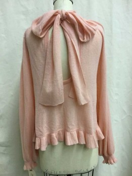 Ulla Johnson, Peach Orange, Cashmere, Solid, Long Sleeves, Tie At Back Of Neck, Peasant Sleeve, Ruffle Hem Of Body And Sleeves, Scoop Low Back