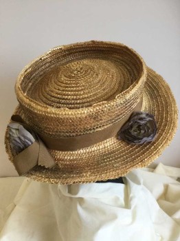 Womens, Hat 1890s-1910s, N/L , Khaki Brown, Purple, Brown, Straw, Synthetic, Basket Weave, Floral, Straw W/ Brown Ribbon & Purple Flower Cut-out Around The Crown,