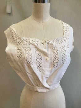 Womens, Camisole 1890s-1910s, N/L, White, Cotton, Solid, W26, B34, Broadcloth, Eyelet Lace Accents with Cutouts, Square Neckline, Button Front Closure, Mended in Spots