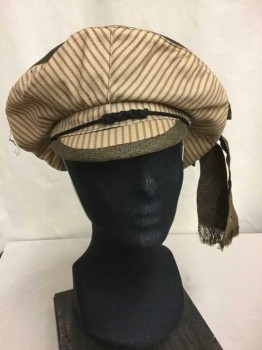 Womens, Hat 1890s-1910s, McKillin Cap, Tan Brown, Brown, Cotton, Polyester, Stripes, Brown Bow, Metal Pin In Center Of Bow, Brown Woven Trim, Small Front Brim, Black Knotted Cord Detail On Brim, Elastic Chin Strap,