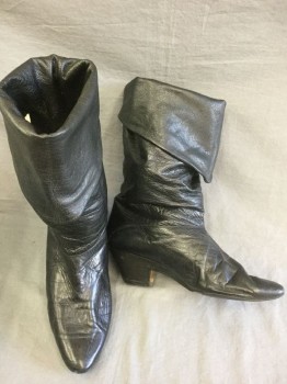 Womens, Boots, MAINE WOODS, Black, Leather, Solid, 8.5, Calf High Boots, Rounded Point Toe, Folded/Cuffed Top Half, Angled 2" Heel,