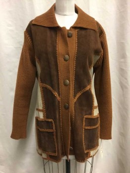 Womens, Leather Jacket, Lane Bryant, Beige, Brown, Dk Brown, Suede, Acrylic, XL, Suede Patch Work with Knit Sleeves, Trim & Collar Attached, Button Front, 2 Pockets,