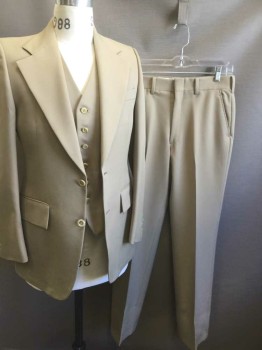 Mens, 1970s Vintage, Suit, Jacket, N/L, Tan Brown, Polyester, Solid, 36R, Single Breasted, Wide Notched Lapel, 2 Buttons,  3 Pockets,