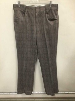 Mens, 1970s Vintage, Suit, Pants, MICHAELS/STERN, Gray, Black, Red, Mustard Yellow, Polyester, Plaid, Check , I:33, W:34, Flat Front, Zip Fly, Slight Boot Cut,