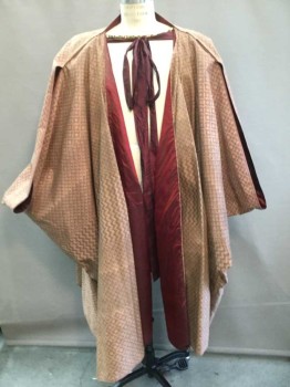 Mens, Robe, NO LABEL, Mauve Pink, Cotton, Silk, O/S, Patterned Fabric with Floral Check Sections/Loop Sections/Zig Zag Sections, Red Silk Interior, Gold Chain Scoop Neck, Red Silk Self Tie, Open Dolman Sleeves, Open Front, Pleated In Back