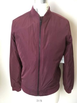 OLD NAVY, Maroon Red, Polyester, Solid, Flight Jacket, 3 Pockets (Including One on Sleeve, Zip Front, Long Sleeves, Ribbed Knit Collar/Waistband/Cuff