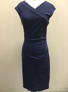 DVF, Navy Blue, Viscose, Polyester, Solid, V-neck, Sleeveless, Ruched on Left Side, Zipper on Right Side