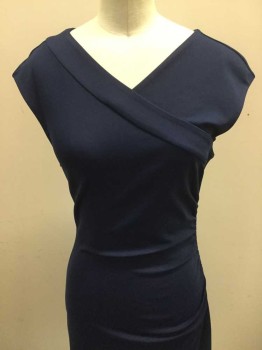 DVF, Navy Blue, Viscose, Polyester, Solid, V-neck, Sleeveless, Ruched on Left Side, Zipper on Right Side