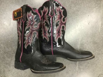 Womens, Cowboy Boots, ARIAT, Black, Fuchsia Pink, White, Lt Pink, Leather, Geometric, 8.5, Black with Fuchsia Piping, Fuchsia, Light Pink and White Embroidery, Square Toe, 1.5" Chunky Heel