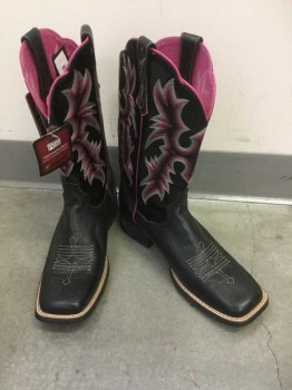 Womens, Cowboy Boots, ARIAT, Black, Fuchsia Pink, White, Lt Pink, Leather, Geometric, 8.5, Black with Fuchsia Piping, Fuchsia, Light Pink and White Embroidery, Square Toe, 1.5" Chunky Heel