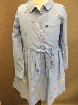Childrens, Dress, H&M, Lt Blue, Pink, Gray, Yellow, Red, Cotton, Novelty Pattern, 6/7, Long Sleeves, Button Front, Collar Attached, Cute Print of Planet, Unicorn Head, Frog, Radish, ...