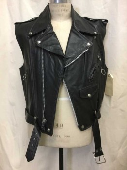 Mens, Leather Vest, BROOKS , Black, Leather, Solid, C 42, L, Biker Style, Zip Front, Belt