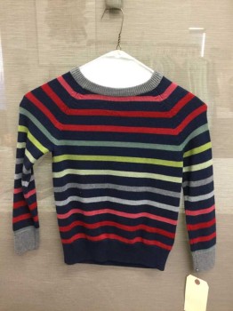 BABY GAP, Navy Blue, Red, Gray, Green, Cotton, Stripes, Crew Neck, Long Sleeves, Gray Rib Neck And Cuffs