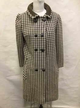 Womens, 1960s Vintage, Suit, Jacket, NO LABEL, Oatmeal Brown, Brown, Polyester, Houndstooth, Xs, Coat, Collar Attached,  Notched Lapel, Double Breasted, Solid Brown Collar, Brown Faux Leather Buttons, Side Pockets, Hem At Knee