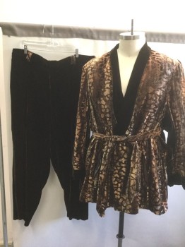 Mens, Smoking Jacket, N/L, Brown, Dk Brown, Lt Brown, Black, Cotton, Polyester, Reptile/Snakeskin, 2XL, Snakeskin Patterned Velvet, Long Sleeves, Solid Brown Velvet Shawl Lapel, Trim on Cuffs, and Panels at Sides Under Arms, Comes with Matching Self Fabric Sash BELT to Tie Around Waist
