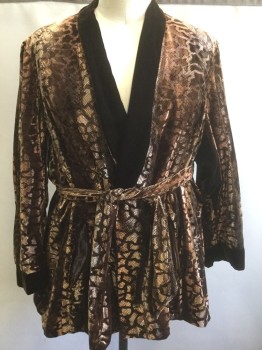 Mens, Smoking Jacket, N/L, Brown, Dk Brown, Lt Brown, Black, Cotton, Polyester, Reptile/Snakeskin, 2XL, Snakeskin Patterned Velvet, Long Sleeves, Solid Brown Velvet Shawl Lapel, Trim on Cuffs, and Panels at Sides Under Arms, Comes with Matching Self Fabric Sash BELT to Tie Around Waist