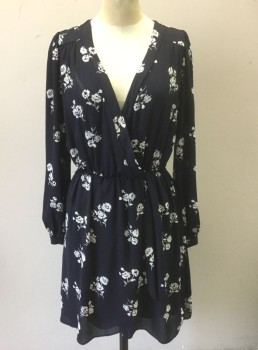 HONEY PUNCH, Navy Blue, White, Polyester, Floral, Navy with White Roses Pattern Chiffon, Long Sleeves, Wrapped V-neck, Elastic Waist, Hem Above Knee **Barcode Located Behind the Crossover of Wrap Neck