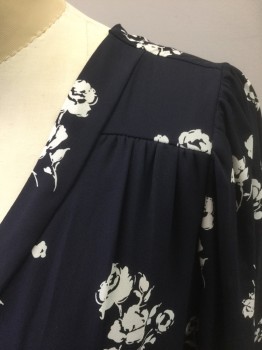 HONEY PUNCH, Navy Blue, White, Polyester, Floral, Navy with White Roses Pattern Chiffon, Long Sleeves, Wrapped V-neck, Elastic Waist, Hem Above Knee **Barcode Located Behind the Crossover of Wrap Neck
