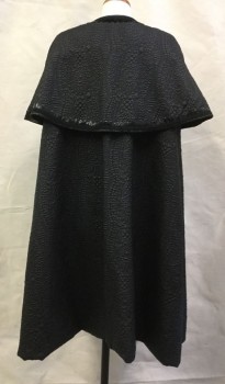 Unisex, Historical Fiction Cape, MTO, Black, Silver, Polyester, Abstract , Womens, Mens, Crew Neck, Silver Clasp Closure, Quilted Design, Braid and Shiny Pinked Fabric Applique at Opening and Edge of Over Capelet