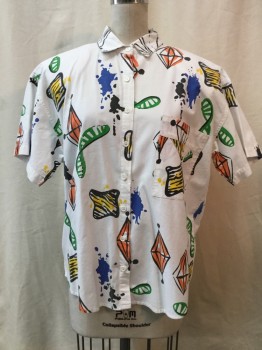Womens, 1980s Vintage, Top, CHEZ T, White, Blue, Green, Yellow, Orange, Cotton, Abstract , S, Button Front, Collar Attached, 1 Pocket, Short Sleeves, Shoulder Pads