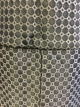 Mens, Historical Fiction Tabard, MTO, Silver, Polyester, Silk, Geometric, Ch 50, (triple) Connecting Gun Metal Gray & Silver Squares Print with Solid Silver Lining, Round Neck,  Sleeveless, Pullover, 3/4 Length, 15/5" Side Split and  Split Center Hem Front & Back
