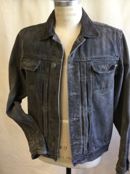 ALL SAINTS, Gray, Cotton, Solid, Gray Denim, Aged, Corduroy Collar Attached, Silver Button Front, Long Sleeves, 2 Pockets with Flaps, 4 Pleat Front Centers