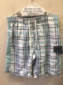 SONOMA, Lt Blue, White, Navy Blue, Turquoise Blue, Polyester, Plaid-  Windowpane, Elastic Waist with White Lacings/Ties at Center Front, Light Blue and Navy Stripes at Outseam, 1 Cargo Pocket at Hip, 9.5" Inseam
