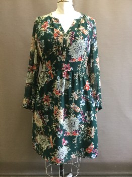 A NEW DAY, Dk Green, Gray, Beige, Red, Lt Blue, Polyester, Floral, Sheer Floral Layer Over Solid Green Lining, 1/2 Button Front, Band Collar, Sheer Long Sleeves, Gathered Waist, V-neck