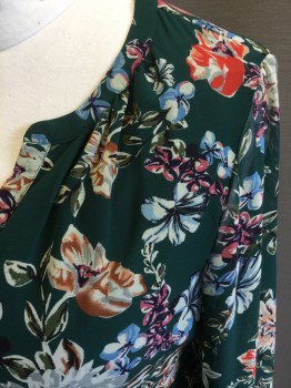 A NEW DAY, Dk Green, Gray, Beige, Red, Lt Blue, Polyester, Floral, Sheer Floral Layer Over Solid Green Lining, 1/2 Button Front, Band Collar, Sheer Long Sleeves, Gathered Waist, V-neck
