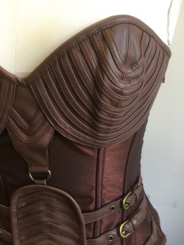 Womens, Sci-Fi/Fantasy Corset, N/L, Bronze Metallic, Brown, Synthetic, Faux Leather, Solid, M, Bronze Taffeta with Slight Sheen, with Panels of Brown Pleather with 1/4 Self Strips/Stripes, 3 Pleather Straps with Gold Buckles/Grommets at Either Side of Waist, Boned Structure, Lace Up in Back, Steampunk Look