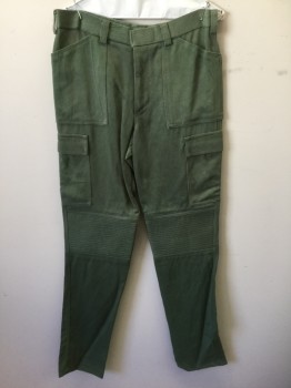 Mens, Sci-Fi/Fantasy Piece 2, N/L MTO, Green, Synthetic, Solid, Ins:36, W:32, Cargo Pants: Bumpy Textured Synthetic, Zip Fly, 1/2" Wide Belt Loops, 6 Pockets Including 2 Cargo Pockets, Quilted/Reinforced Moto Panels at Knees, Slim Straight Leg, Made To Order