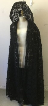 Womens, Historical Fiction Cape, MTO, Black, Polyester, Floral, S, Laser Cut Floral Over Sheer Tulle, No Closures, Horse Hair Stiffened Hood Opening,