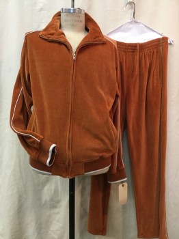 Mens, Sweatsuit Jacket, SWEATSEDO, Burnt Orange, White, Polyester, Solid, L, Velour, Zip Front, 2 Pockets, White Piping and Edge Trim to Rib Knit Cuff and Waistband, Hip Hop
