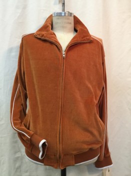 Mens, Sweatsuit Jacket, SWEATSEDO, Burnt Orange, White, Polyester, Solid, L, Velour, Zip Front, 2 Pockets, White Piping and Edge Trim to Rib Knit Cuff and Waistband, Hip Hop