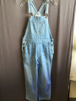 Womens, Overalls, REFORMATION JEANS, Lt Blue, Cotton, 4, Lt Blue Denim, Aged Bronze Buttons & Buckles, Creased Lines Upper Front
