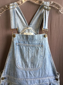 Womens, Overalls, REFORMATION JEANS, Lt Blue, Cotton, 4, Lt Blue Denim, Aged Bronze Buttons & Buckles, Creased Lines Upper Front