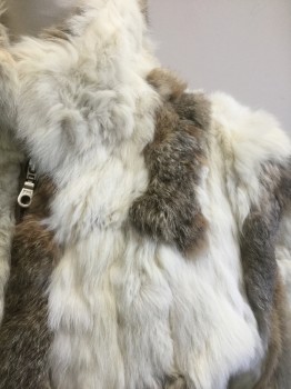 WILSON'S LEATHER MAX, Ivory White, Brown, Gray, Fur, Polyester, Ivory, Brown and Gray Rabbit Fur Pelt Covered, Zip Front, Brown Rib Knit Cuffs and Waist, Brown Lining, **Rib Knit is Worn/Holey in Spots