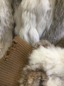 WILSON'S LEATHER MAX, Ivory White, Brown, Gray, Fur, Polyester, Ivory, Brown and Gray Rabbit Fur Pelt Covered, Zip Front, Brown Rib Knit Cuffs and Waist, Brown Lining, **Rib Knit is Worn/Holey in Spots